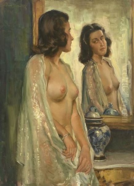 Dreiviertelportrait Eines Weiblichen Aktes Vor Spiegel Oil Painting by Wilhelm Hempfing