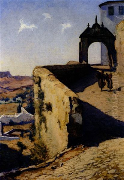 Spanisches Bergnest - Blick Auf Ronda Bei Malaga Mit Figurenstaffage Oil Painting by Wilhelm Hempfing