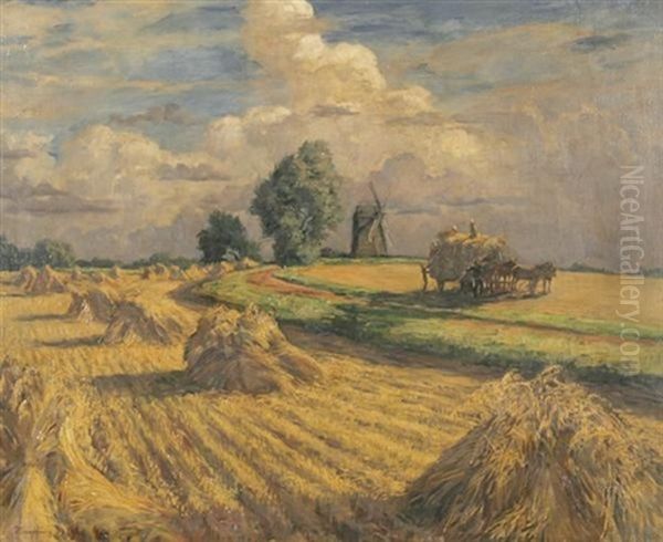 Kornernte Bei Einer Windmuhle Oil Painting by Wilhelm Hempfing