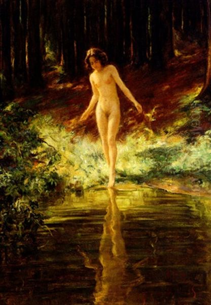 Badende An Einem Waldteich Oil Painting by Wilhelm Hempfing