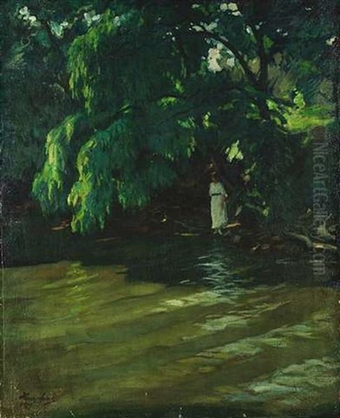 Flusufer Mit Bluhenden Baumen, In Deren Schatten Steht Eine Weisgekleidete Frau Und Blickt Auf Das Wasser Oil Painting by Wilhelm Hempfing