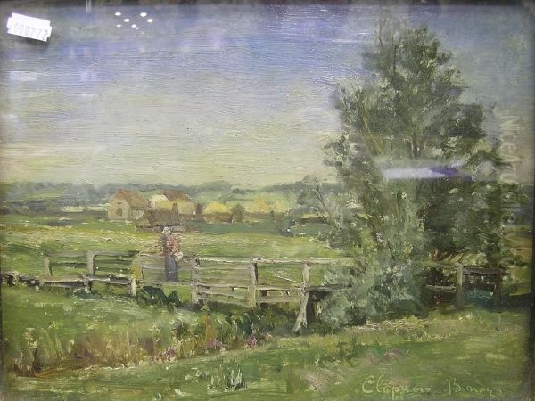 Frenchpastoral Scene With Figure Beside A Fence Oil Painting by Clappore Banuga