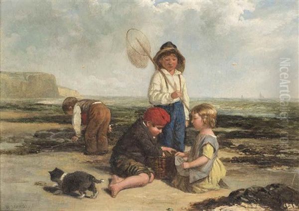 Children Rockpooling Oil Painting by William Hemsley