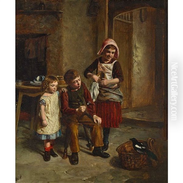 Kucheninterieur Mit Kindertrio Und Elster Oil Painting by William Hemsley