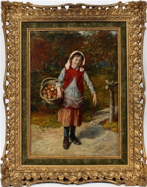 Girl With Basket Of Apples Oil Painting by William Hemsley