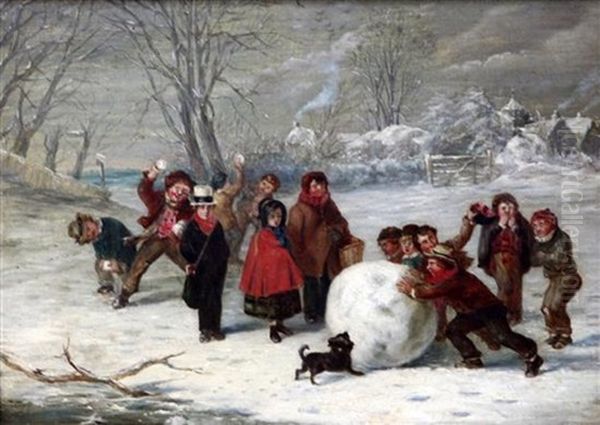 Children Building A Giant Snowball Oil Painting by William Hemsley