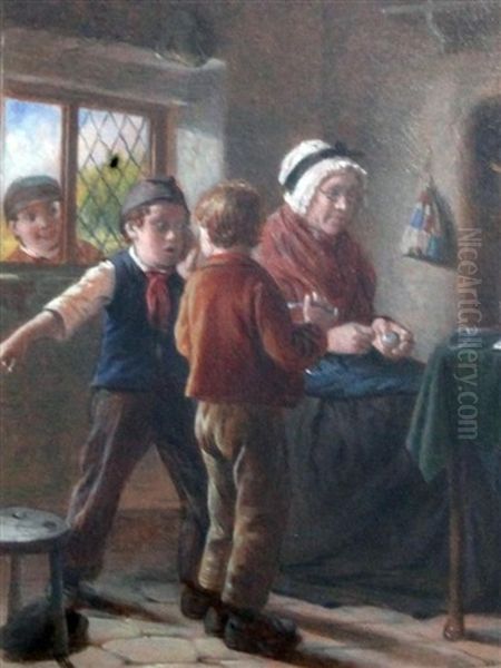 Interiors With Children And Grandparents (pair) Oil Painting by William Hemsley