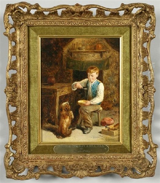 Young Boy Eating While His Dog Sits And Begs Oil Painting by William Hemsley