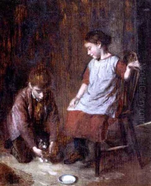 The Contest (+ A Bowl Of Milk; Pair) Oil Painting by William Hemsley