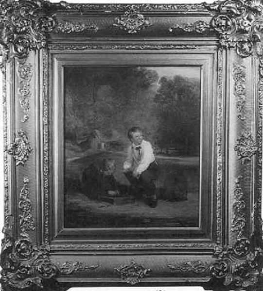 Two Boys Repairing A Bird Cage by William Hemsley