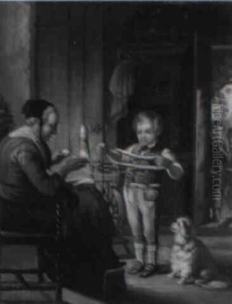 Knitting Lesson Oil Painting by William Hemsley