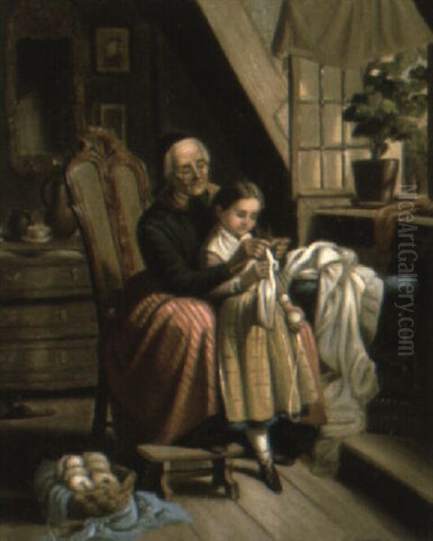 Knitting Lesson Oil Painting by William Hemsley