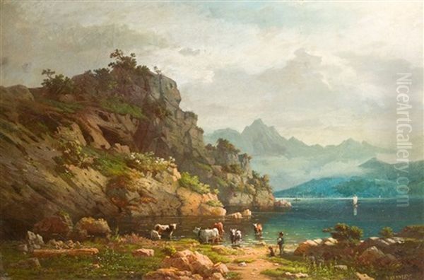 Kuhe An Der Tranke (schweizer Seelandschaft) Oil Painting by Hermann Hemstedt