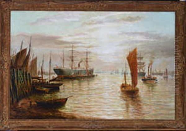 Fishing Boats And Merchant Shipping At North Shields Oil Painting by Bernard Benedict Hemy