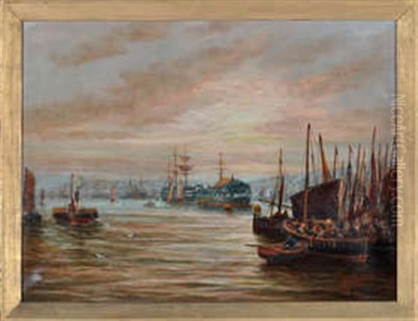 North Shields Harbour With Hms Wellesley At Anchor In The Middle Distance Oil Painting by Bernard Benedict Hemy