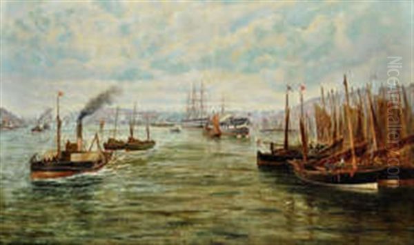 Hms Wellesley And Other Shipping In North Shields Harbour Oil Painting by Bernard Benedict Hemy