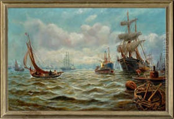 Northern Shipping Scene Oil Painting by Bernard Benedict Hemy