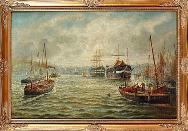 North Shields Harbour With Fishing Boats And Hms Wellesley Moored In The Distance Oil Painting by Bernard Benedict Hemy