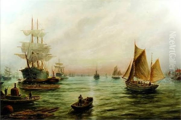 Shipping Scene With Fishing Boats And Steamer At Harbour Mouth Oil Painting by Bernard Benedict Hemy