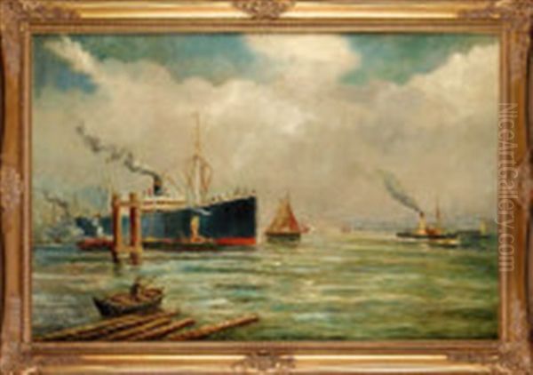 Steamships On The Tyne Oil Painting by Bernard Benedict Hemy