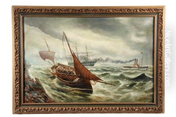 Fishing Boat Driven To Shore, Warship Under Tow In Storm Oil Painting by Bernard Benedict Hemy