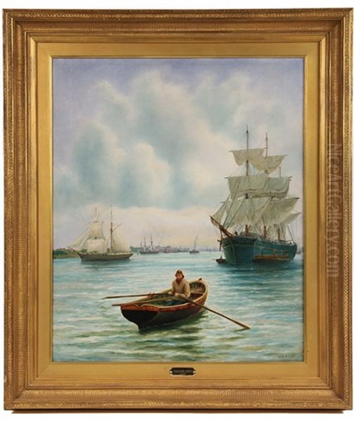 Sailor In Skiff Rowing To Ship Loading Lumber Oil Painting by Bernard Benedict Hemy