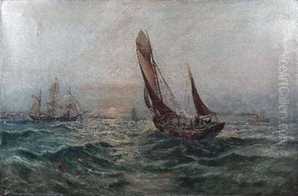 Fishing Boat On A Choppy Sea With Coastline In The Distance Oil Painting by Bernard Benedict Hemy