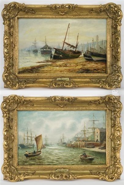 Harbor Scene (+ Another, 2 Works) Oil Painting by Bernard Benedict Hemy