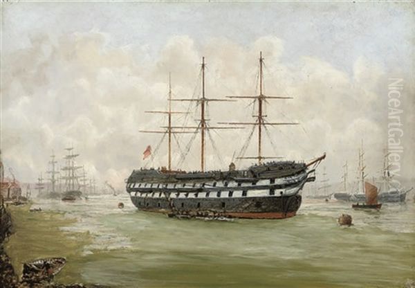 A Receiving Ship Moored In A Harbour (+ A Moored Hulk At Dusk; Pair) Oil Painting by Bernard Benedict Hemy