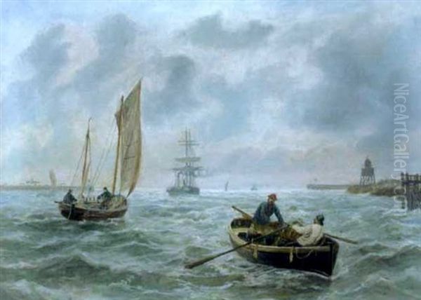 Fishermen In A Rowing Boat In A Squally Sea Oil Painting by Bernard Benedict Hemy