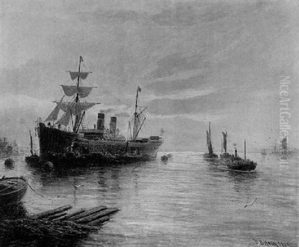 Shipping On The Thames Oil Painting by Bernard Benedict Hemy