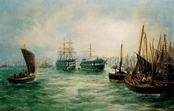 A Paddle Steamer And Other Shipping Oil Painting by Bernard Benedict Hemy