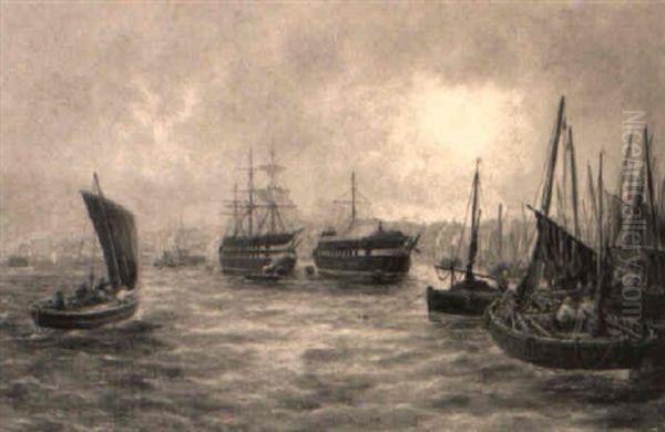 Busy Scenes In North Shields Harbour Oil Painting by Bernard Benedict Hemy