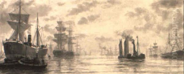 Ships On The Tyne At North Shields Oil Painting by Bernard Benedict Hemy