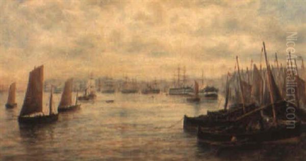 Engelsk Hamn Med Fartyg Och Fiskebatar Oil Painting by Bernard Benedict Hemy