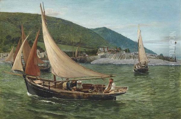 Oyster Dredgers Under Full Sail, Porlock Bay, Somerset Oil Painting by Charles Napier Hemy