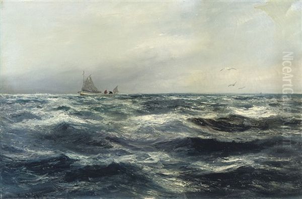 A Cornish Sea And Working Boat Oil Painting by Charles Napier Hemy