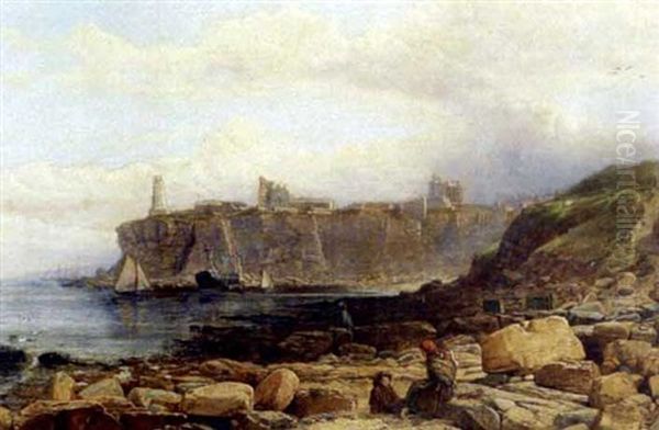 Fisherfolk In A Rocky Cove Oil Painting by Charles Napier Hemy