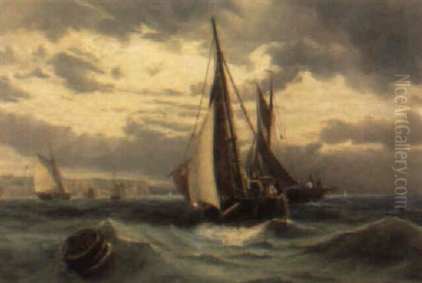 Fishing Smacks Off Framborough Head Oil Painting by Charles Napier Hemy