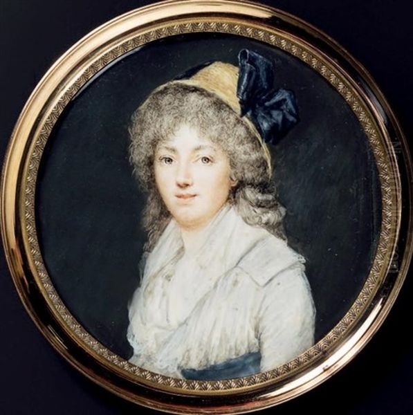 Portrait De Jeune Femme En Robe De Voile Blanc Ceinturee De Bleu, En Buste Vers La Gauche Presque De Face, Coiffee D'un Chapeau De Paille A Large Ruban De Soie, Sa Chevelure Retombant En Boucles Sur Les Epaules Oil Painting by Charles Henard