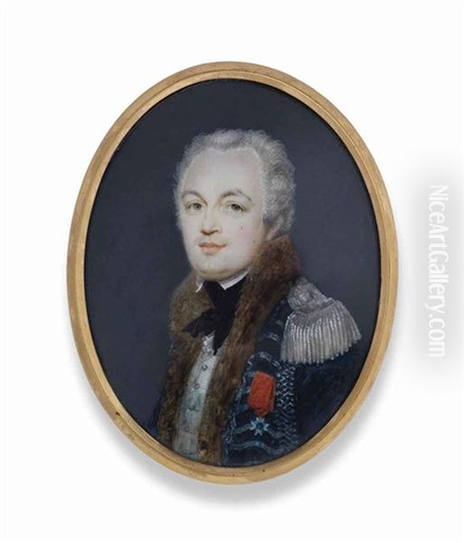 Hercule-philippe-etienne De Baschi, Count Of Cayla (1747-1826) In Uniform, In Silver-embroidered Blue Coat With Silver Epaulette, Fur Trim, White Waistcoat And Black Stock, Wearing The Badge Of The Royal French Military Order Of St. Louis Oil Painting by Charles Henard