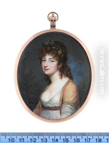 A Lady, Wearing White Dress, Brown Belt, Gold Stole With Brown Borders, Pearl Pendent Earring, A Wreath Of Leaves In Her Loose Curled Hair Oil Painting by Charles Henard