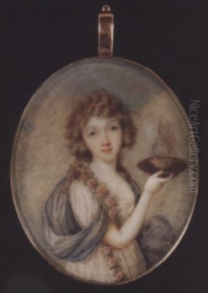 Rosalie Duthe, In The Guise Of A Vestal Virgin, Wearing Low-cut White Dress And Blue Shawl, A Garland Of Pink Flowers About Her Neck, She Holds A Flaming Bowl Oil Painting by Charles Henard