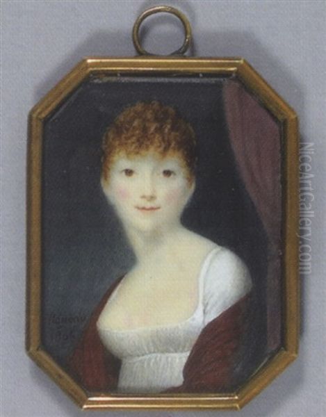 Portrait De Jeune Femme En Robe De Soie Blanche, Cape Rouge Et Vue Devant Une Draperie Mauve Oil Painting by Charles Henard