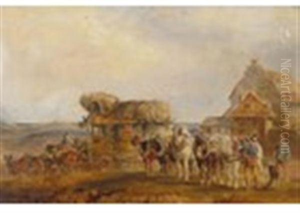 A Mail Coach Before A Farmstead; A Cart And Horses And A Mail Coach Before An Inn Oil Painting by Charles Cooper Henderson