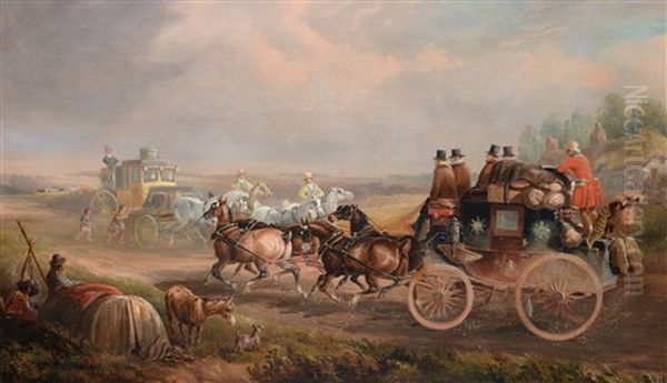 Hull To London Royal Mail Coach Passing Another On The Road Oil Painting by Charles Cooper Henderson