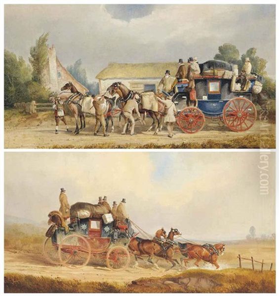 Changing Horses For The London Mail Coach; The Louth-london Royal Mail Coach (pair) Oil Painting by Charles Cooper Henderson