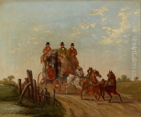 The London, Cambridge And Newmarket Royal Mail Nearing Bishops Stortford From Harlow Oil Painting by Charles Cooper Henderson