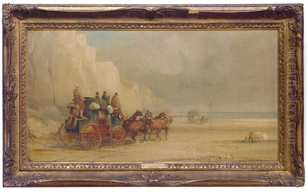 London-dover Mail Coach Ferrying A River (+ Another; 2 Works) Oil Painting by Charles Cooper Henderson