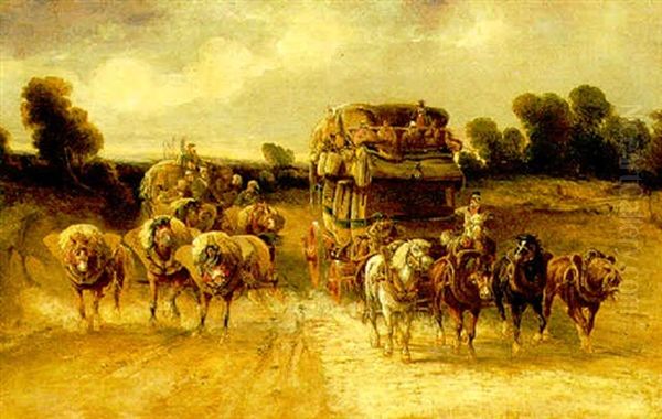 A French Diligence Passing A Farm Wagon Oil Painting by Charles Cooper Henderson